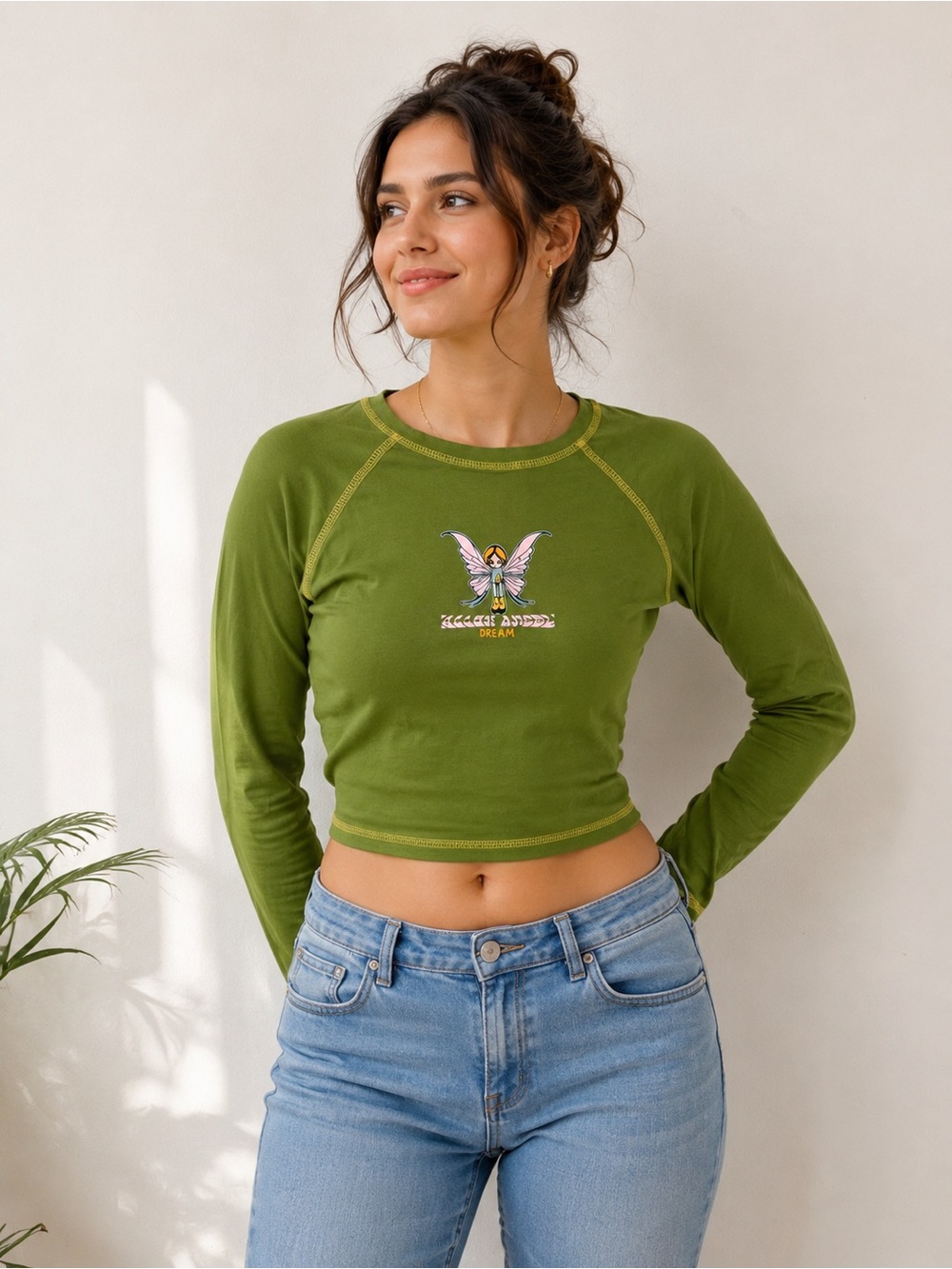 Fallen Angel Womens Fairy Cropped Y2K Grunge Stretch Long Sleeve Top, Size Small